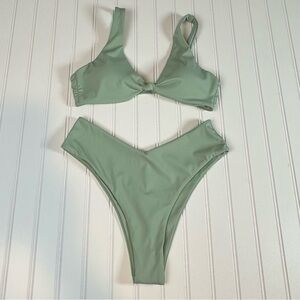 Women 2 Piece Swimsuit Medium Sage Green Bikini Knot Front High Cut Cheeky V-cut